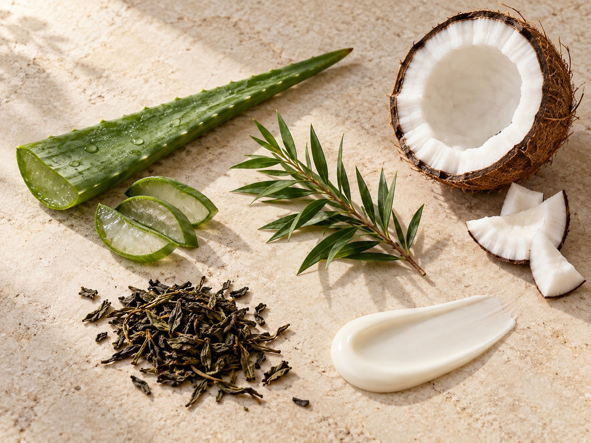 Aloe, árbol de té, té verde y coco